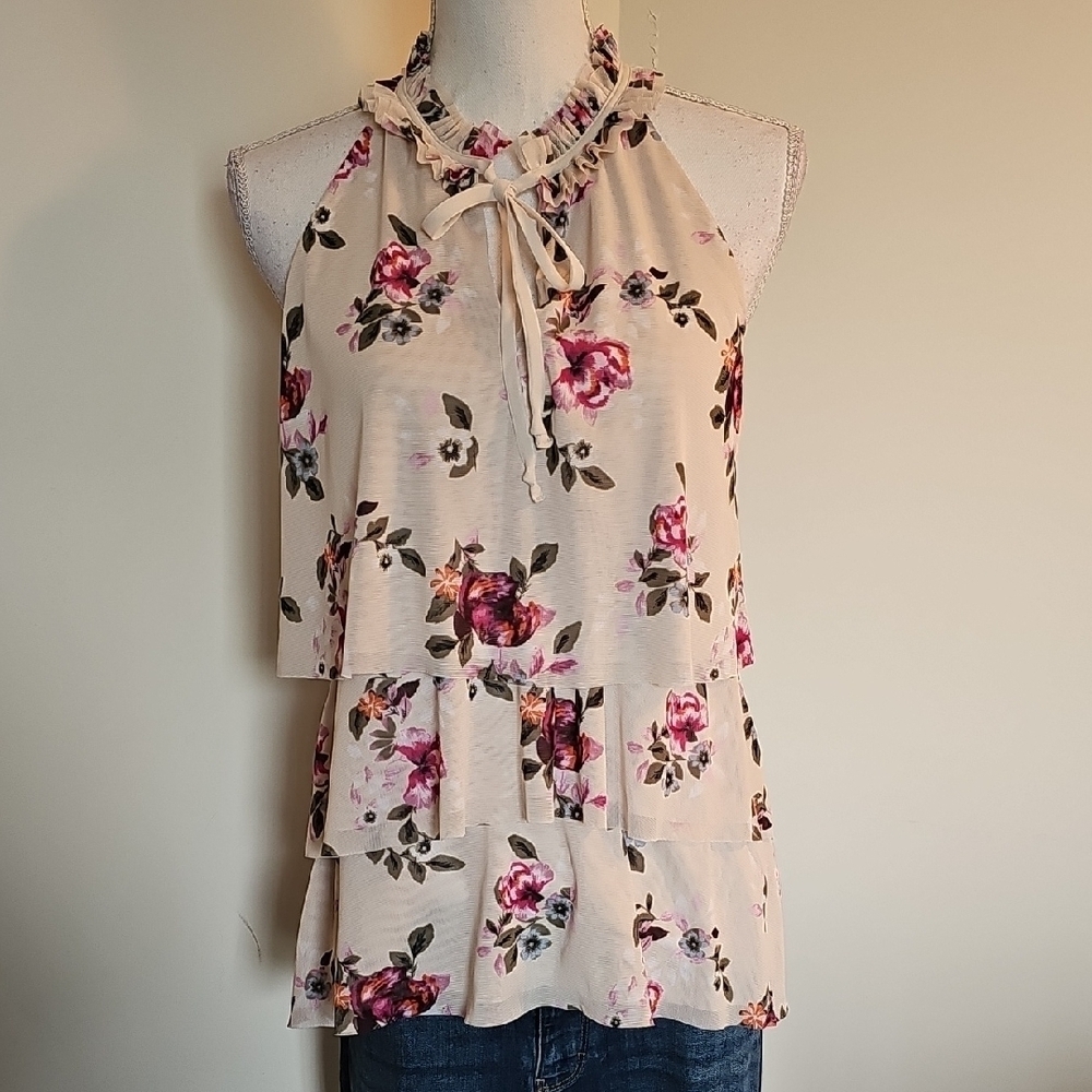 White House Black Market Floral Ruffle Halter Top - Cream, Pink and Purple